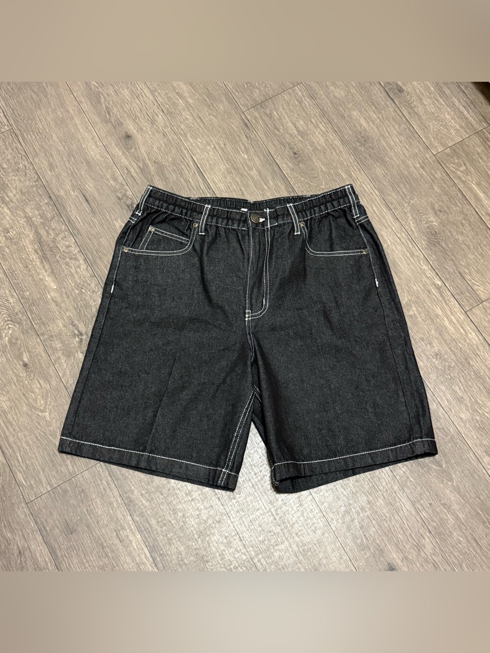 Haband Casual Joe Black Denim Shorts Size 34 Elastic Waist White Contrast Stitch